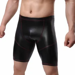 Underpants Mens Sexy Long Leg Boxers PU Leather Solid Underwear Elastic Panties Mid-Waist Black Pants Male Breathable Trunks