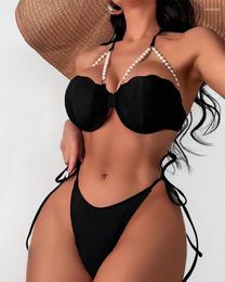 Women's Swimwear 2024 Europe And The United States Sexy Solid Colour Chain Bikini Swimsuit Female Summer Tie Triangle Pure Wind