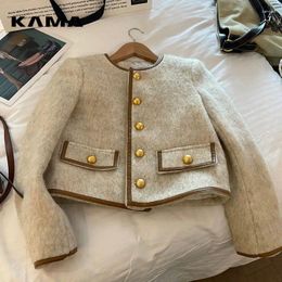 Women's Jackets KAMA Women Vintage Blazer Korean Short Tweed Jacket Office Lady Elegant Thicken Quilted Single Breasted Coat Tops