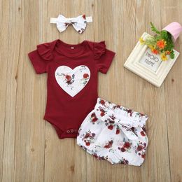 Clothing Sets Baby Girls Clothes Red Ruffle Bodysuit Romper Jumpsuit Floral Shorts Headband 0-24M Born Infant Toddler Summer Outfits