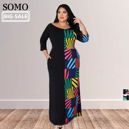 Crew Neck Plus Size Maxi Dresses Fashion Printed Casual Dress with Pockets Women Clothing Wholesale Drop 240420