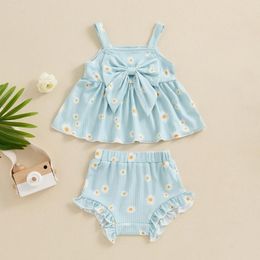 Clothing Sets Children Baby Girl 2pcs Set Lovely Bow Daisy Print Ruffled Tank Tops And Frill Trim Shorts Toddler Clothes Suit