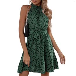 Casual Dresses Ladies Fashion Sexy Sleeveless Dot Lace-Up Ruffle Dress Elegant For Women Summer 2024