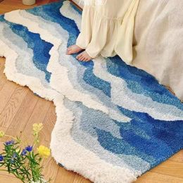 Carpets Flocking Shaped Living Room Household INS Wind Light Blue Wave Anti Slip Dirty And Washable Bedside Carpet Floor Mat