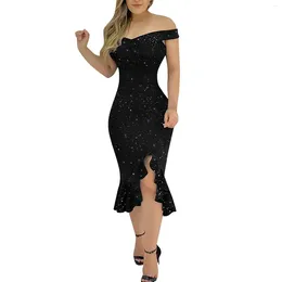 Casual Dresses Women's Fashion Sexy Summer Off Shoulder Short Sleeve Sequin Ruffle Tight Dress Party