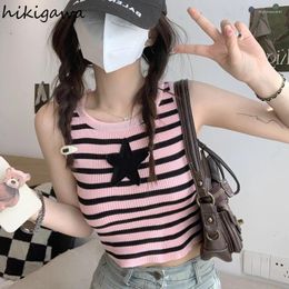 Women's Tanks Summer Crop Tops Fashion O-neck Sleeveless Camis Clothing Casual Striped Knit Korean Y2k Vest Ropa Mujer