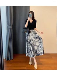 Skirts 2024 High-waisted Skirt For Women With Elastic Waist Ink Painting Design Sense A-line Mid-length Pleated