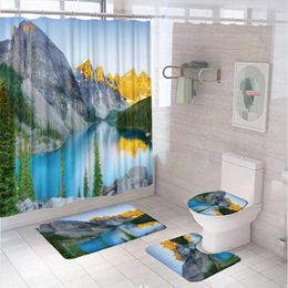 Shower Curtains Mountain Scenic Curtain Set For Bathroom Decor Nature Blue Lake Landscape Screen Anti-Slip Rug Bath Mat Lid Toilet Cover