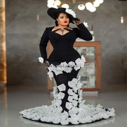Aso Ebi Black Prom Dresses For Black Women White Red Rose Florals Elegant African Stunning Evening Gowns Long Sleeve Mermaid Formal Dress 2024 Plus Size Birthday Gown