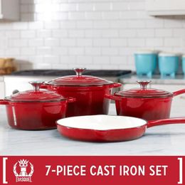 Cookware Sets Enameled Cast Iron Set (Rouge Red) 7-Piece Nonstick Oversized Handles Oven Safe; 10.25" Skillet 2QT Saucepan