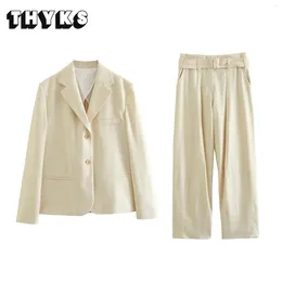 Women's Two Piece Pants French Casual Cotton Suit Women Long Sleeves Lapel Collar Blazer High Waist Lace Up Panel Wide Leg Lady Office