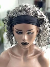 Real human Salt and pepper head band wig Cheap deep curly styel gray headband with clip ins short silver grey