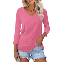 Women's T Shirts V-Neck 3/4 Sleeve Solid Colour Top Woman Clothing Crop Shirt For Women Youthful Clothes Female Graphic