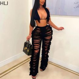 Women's Two Piece Pants HLJ Sexy Tassels Hole Knitting Sets Women Sleeveless Crop Top And Wide Leg Outfits Fashion Hollow 2pcs Clothing