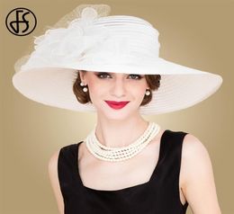 FS Black White Elegant Women Church Hats For Ladies Summer Flowers Large Brim Organza Hat Beach Sun Kentucky Derby Hat Fedora T2002626693