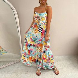 Casual Dresses Summer Vacation Spaghetti Strap Dress Women Pattern Printed Pleated Long Fashion Off Shoulder Bohemian Mujer