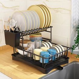 Kitchen Storage Space Metal Drainer Holder 2-tier 1 Dish Drying Rack 360° Utensil Counter Saver With Spout Swivel Drainboard