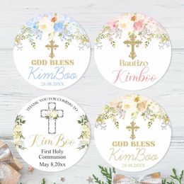 Party Supplies Custom God Bless Bible Baptism Sticker First Holy Communion Labels Personalized Baby Shower Name Date Text Floral Stickers
