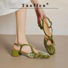 Sandals Taoffen Chinese Style Print For Women Summer Closed Toe Buckle Strap Pumps Sweet Ladies Casual Cross-Tied Dress Shoes