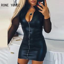 Casual Dresses Women Chic PU Leather Mesh Patchwork Long Sleeves Zipper Mini Bodycon Sexy Black Dress