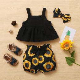 Clothing Sets Baby Girl Black Elastic Halter Top Sunflower Print Shorts Suit