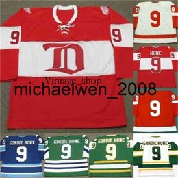 Vin Weng GORDIE HOWE Jerseys 9 GORDIE HOWE Green White Red Blue Mens Womens Youth Restoring ancient ways 100% Embroidery Hockey Jerseys