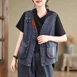 Women's Vests Autumn Ladies Korean Retro Old V Neck Waistcoat Women Printed Stitching Vintage Denim Vest Female Loose Leisure Fashion 2024