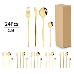 Dinnerware Sets 24pcs Gold Set High Quality Stainless Steel Tableware Knife Fork Tea Spoons Cutlery With Box Kitchen Flatware