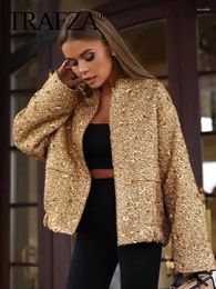 Women's Jackets TRAFZA Women Fashion Gold Sequin Coat Casual Loose Stand Collar Long Sleeve Jacket Y2k Vintage Autumn Female High Street