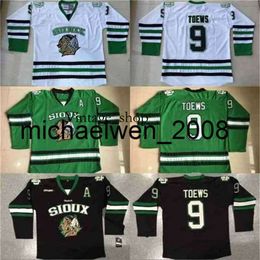 Vin Weng Mens 9 Jonathan Toews Dakota Hockey Jersey 100% Stitched Embroidery Fightings Siouxs DAKOTA College Hockey Jerseys Black White Green