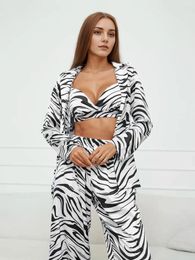 Home Clothing Marthaqiqi Printing Ladies Pyjamas 3 Piece Suit Long Sleeve Nightie Turn-Down Collar Sleepwear Lingerie Pants Nightwear Set