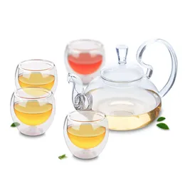 Teaware Sets 1x Clear Glass Tea Set -830ml Heat Resistant High Handle Teapot &Lid 4x 80ml Double Wall Cups