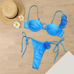 Women's Swimwear Underwire Bikini Set 3d Flower Floral Lace With Bandeau Bra Lace-up Briefs For Quick
