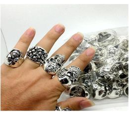 Whole Lots Top 50pcs Vintage Skull Carved Biker Men039s Silver Plated Rings9272177