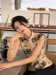 Ethnic Clothing 2024 Chinese Style Retro Cheongsam Top Printing Elegant Lady Party Blouse Stand Collar Diagonal Front Buckle Sleeveless