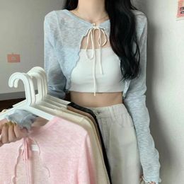 Women's Knits 2024 Thin Sunscreen Cardigan Lace Up Knitwear Tops Women Coat Wraps Short Korean Summer Sun Protected Shawls Style Casual