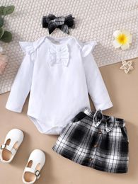 Clothing Sets Spring And Autumn 3-24m Girl Baby Soft Cute Set Skirt Solid Color Simple Long-Sleeved Clothes Checked Bow Head With Pocket