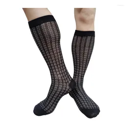 Men's Socks Black Mens Long Tube See Through Hollow Striped Formal Business Dress Suit Sexy Stocking Softy Hose Men Fashion
