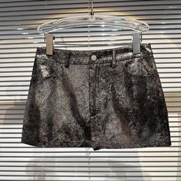 Skirts Autumn Silver Reflective Shiny Patent Pu Leather Mini Skirt Women High Waist Sexy Y2K Clothes 2000s Streetwear 2024 Korea