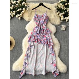 Casual Dresses Fashion Seaside Holiday Beach Party Dress Women Design Ruffled Irregular Waist Strap Floral Summer Printed