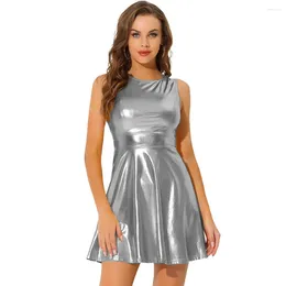 Casual Dresses Boho Sexy Shiny Metallic Tank Sleeveless A-line Mini Dress Round Neck Slim Flared Sundress Evening Party Clubwear Summer