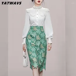 Work Dresses Fashion Office Two Piece Suit For Women Chic Lace Beading Stand Collar White Blouse Shirt Top Flower Print Pencil Skirt Set