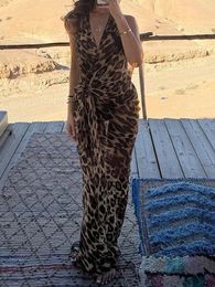 Casual Dresses Women S 2 Piece Skirt Set Leopard Print Mesh V-Neck Tie-Up Halter Neck Sleeveless Tank Tops Maxi