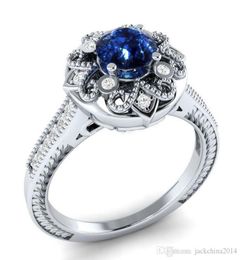 2018 New Arrival Original Desgin Vintage Fashion Jewelry 925 Silver Fill Round Shape Blue Sapphire CZ Dimaond Wedding Band Ring fo9299210