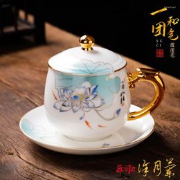 Teaware Sets Handcraft Lotus White Porcelain Office Water Glass Women's Good-looking Ceramic Cup With Lid Drinking Tea For Personal Use