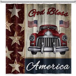 Shower Curtains God Bless America Curtain Rustic Wooden Planks Stars Us Flag Red Retro Car Fourth Of July Decor For Home Dorm Bathroom