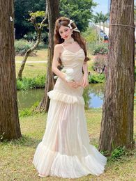 Casual Dresses Summer Woman Slim Elegant Even Party See Through Sexy Strap Midi Dress Beach Holiday Korean Fashion Fairy Design