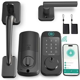 Wifi Front Set - SMONET Fingerprint Keyless Entry Smart Lock Handle Set, Digital Remote Control Keyboard Bluetooth Alexa Door Bolt with Automatic Lock, Code,