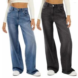Women's Jeans Zipper Stylish High Waist Wide Leg With Multiple Pockets For Daily Wear Solid Colour Denim Pants