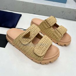 Designer PRA Sandal Woman Crochet Slides Black Platform Wedges Straw Flatform Slipper Summer Flat Comfort Mule Beach Pool Two Straps c5a